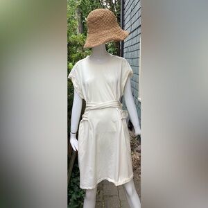 Zapelle cream coloured cotton sleeveless dress with white ties. XL